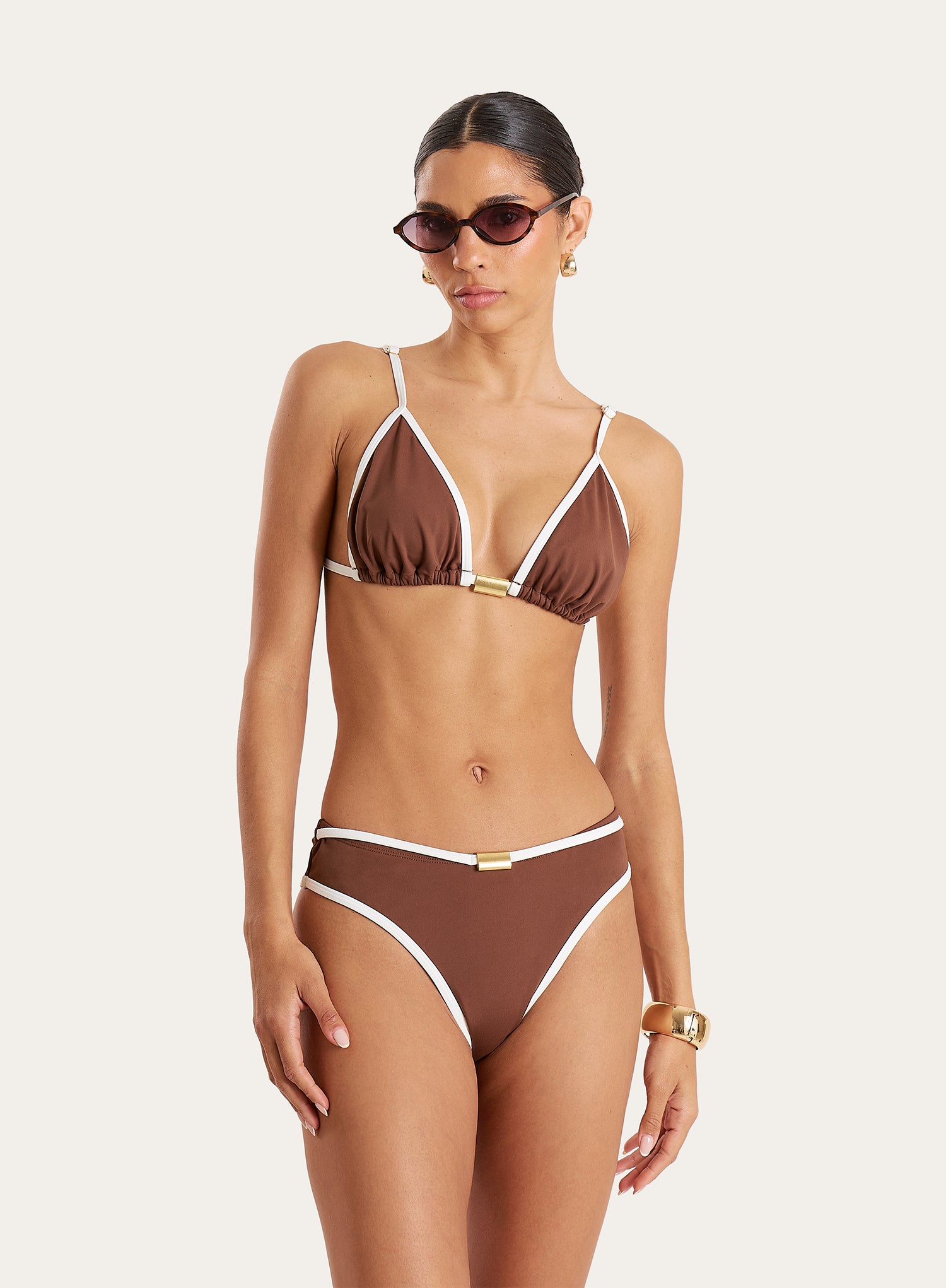 Brown Contrast Trim Triangle Bikini Top